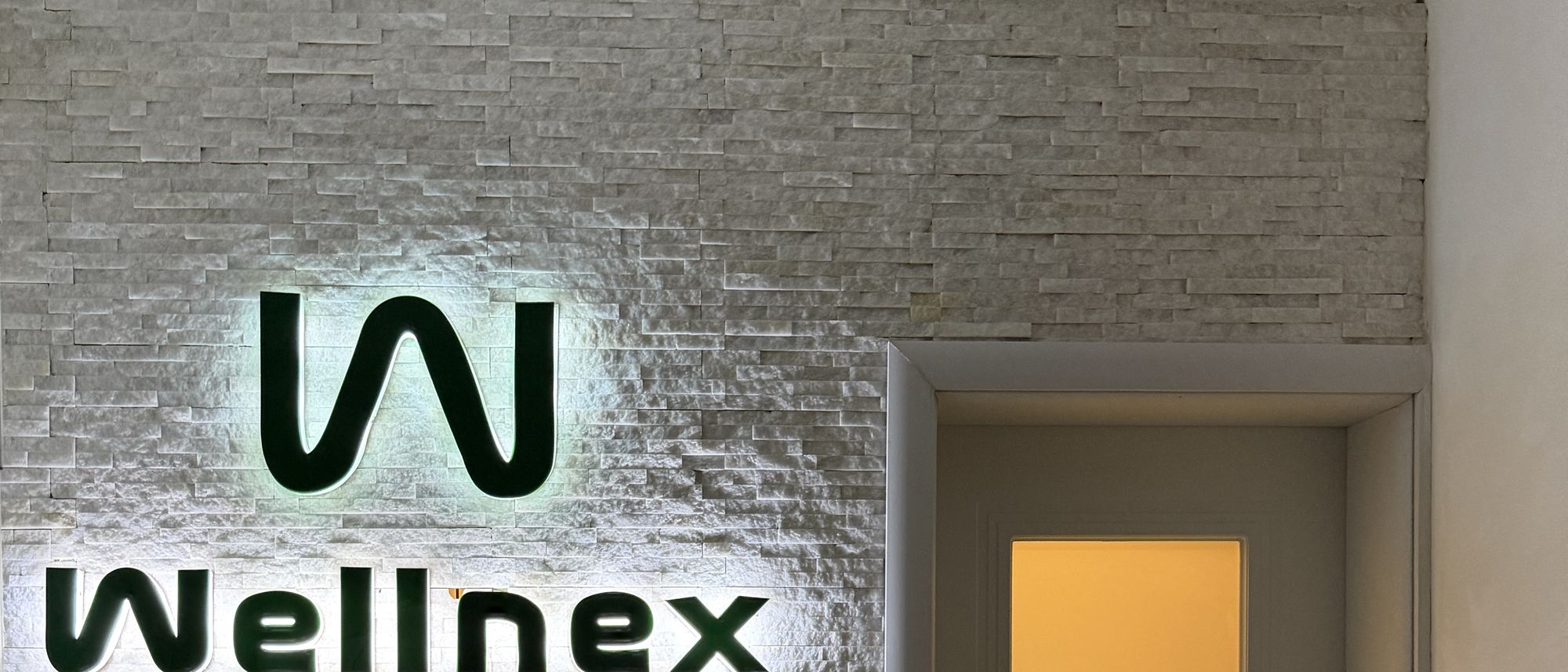 The backlit Wellnex sign on the stone wall inside the restaurant